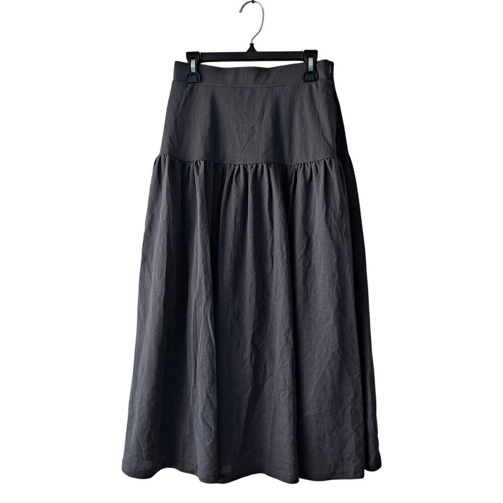 NWT OGL Cotton Linen Gathered Midi Skirt with Pockets Elastic Waist Davy Size XS